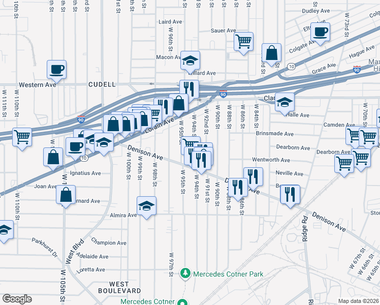 map of restaurants, bars, coffee shops, grocery stores, and more near 3219 West 95th Street in Cleveland