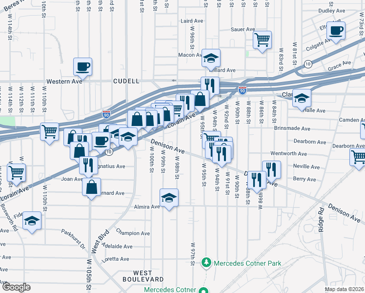 map of restaurants, bars, coffee shops, grocery stores, and more near in Cleveland