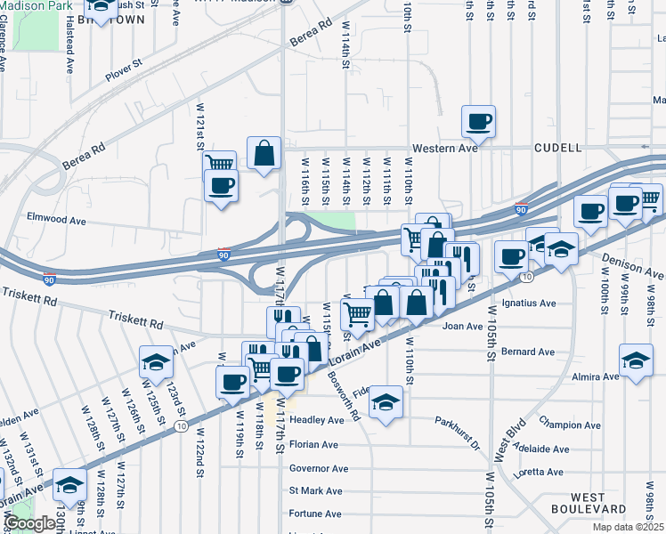 map of restaurants, bars, coffee shops, grocery stores, and more near 3171 West 115th Street in Cleveland