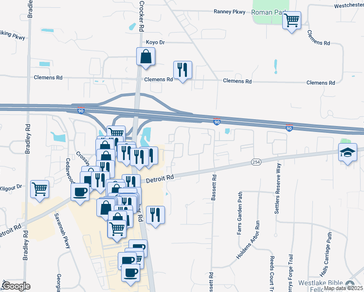 map of restaurants, bars, coffee shops, grocery stores, and more near 1347 Patti Park in Westlake