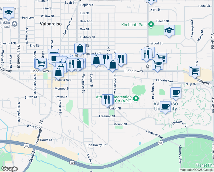 map of restaurants, bars, coffee shops, grocery stores, and more near 158-198 South Greenwich Street in Valparaiso