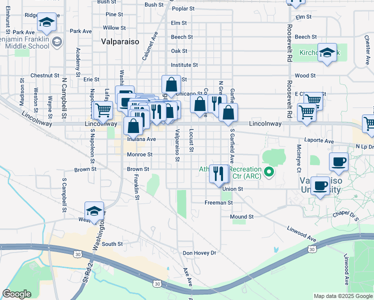 map of restaurants, bars, coffee shops, grocery stores, and more near 449-499 Monroe St in Valparaiso