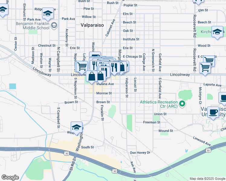 map of restaurants, bars, coffee shops, grocery stores, and more near 176-198 Michigan Avenue in Valparaiso