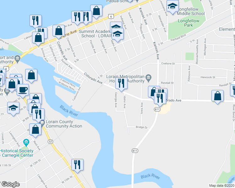 map of restaurants, bars, coffee shops, grocery stores, and more near 711 H Street in Lorain