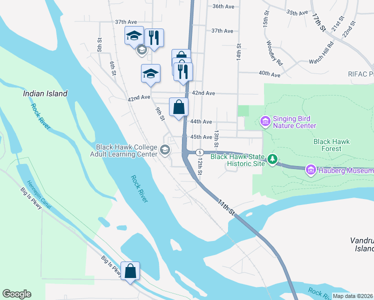 map of restaurants, bars, coffee shops, grocery stores, and more near 1101 Blackhawk Road in Rock Island