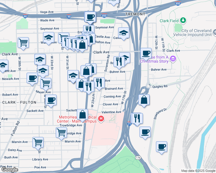 map of restaurants, bars, coffee shops, grocery stores, and more near 2116 Brainard Avenue in Cleveland