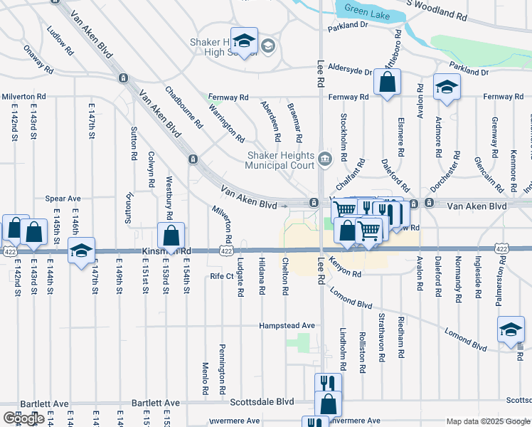 map of restaurants, bars, coffee shops, grocery stores, and more near 16100 Van Aken Boulevard in Shaker Heights