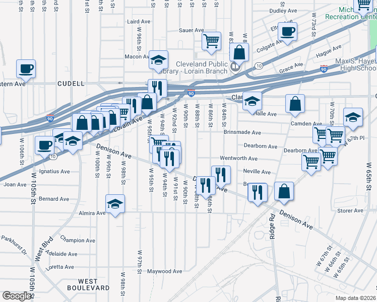 map of restaurants, bars, coffee shops, grocery stores, and more near 3221 West 90th Street in Cleveland