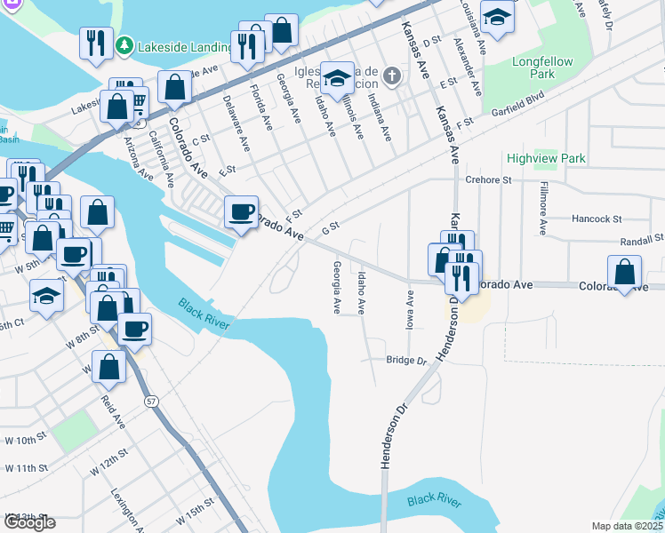 map of restaurants, bars, coffee shops, grocery stores, and more near 712 Georgia Avenue in Lorain