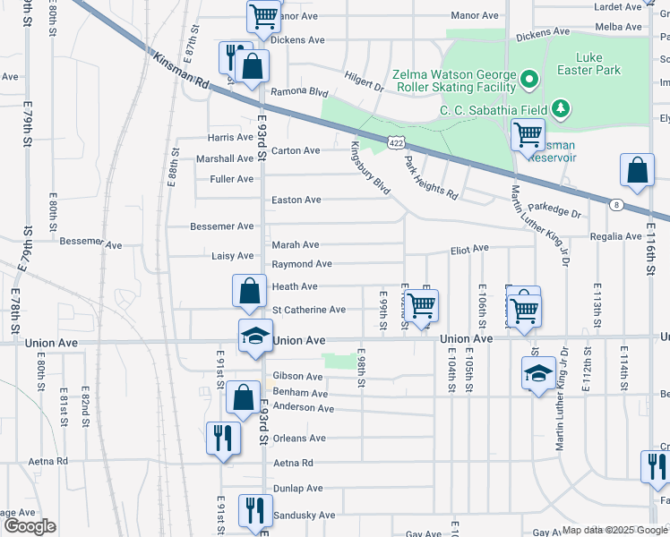 map of restaurants, bars, coffee shops, grocery stores, and more near 9618 Raymond Avenue in Cleveland