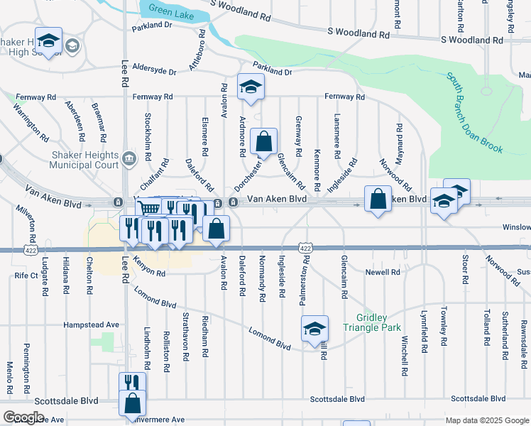 map of restaurants, bars, coffee shops, grocery stores, and more near 17610 Van Aken Boulevard in Shaker Heights