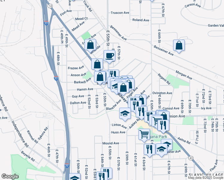 map of restaurants, bars, coffee shops, grocery stores, and more near 5700 Broadway Avenue in Cleveland