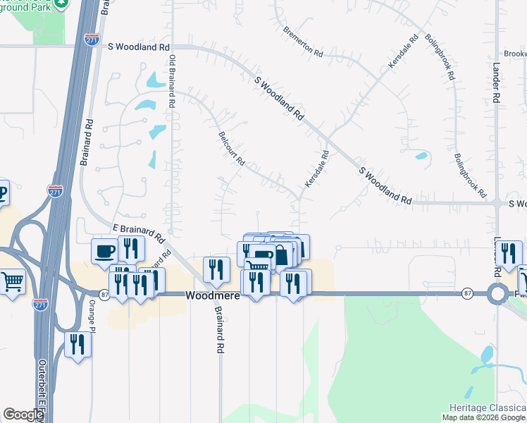 map of restaurants, bars, coffee shops, grocery stores, and more near 3425 Courtland Road in Beachwood