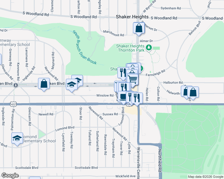 map of restaurants, bars, coffee shops, grocery stores, and more near 20020 Van Aken Boulevard in Shaker Heights