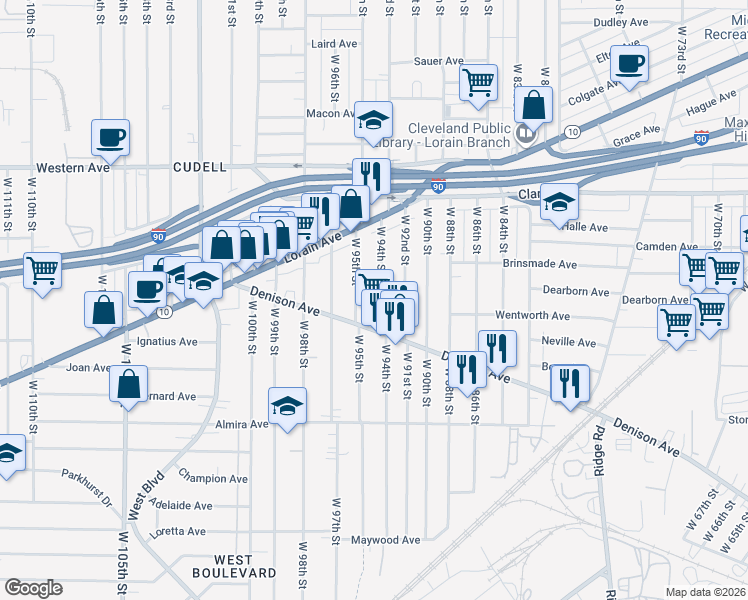 map of restaurants, bars, coffee shops, grocery stores, and more near 3219 West 95th Street in Cleveland