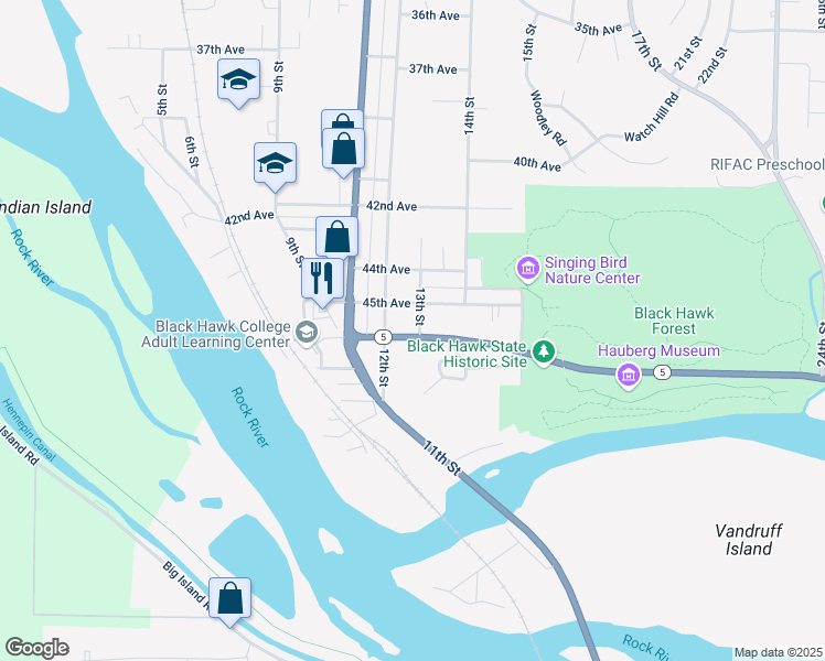 map of restaurants, bars, coffee shops, grocery stores, and more near 4540-4542 13th Street in Rock Island