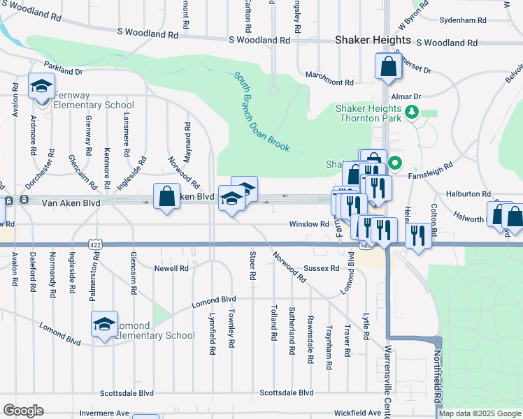 map of restaurants, bars, coffee shops, grocery stores, and more near 19220 Van Aken Boulevard in Shaker Heights