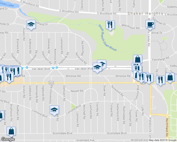 map of restaurants, bars, coffee shops, grocery stores, and more near 18730 Van Aken Boulevard in Shaker Heights