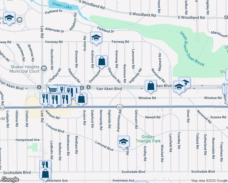 map of restaurants, bars, coffee shops, grocery stores, and more near 17724 Van Aken Boulevard in Shaker Heights