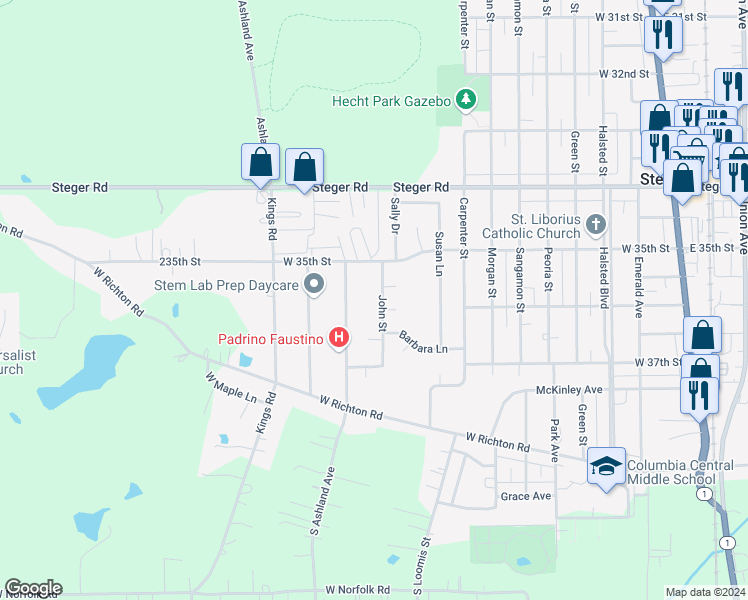 map of restaurants, bars, coffee shops, grocery stores, and more near 3512 John Street in Steger