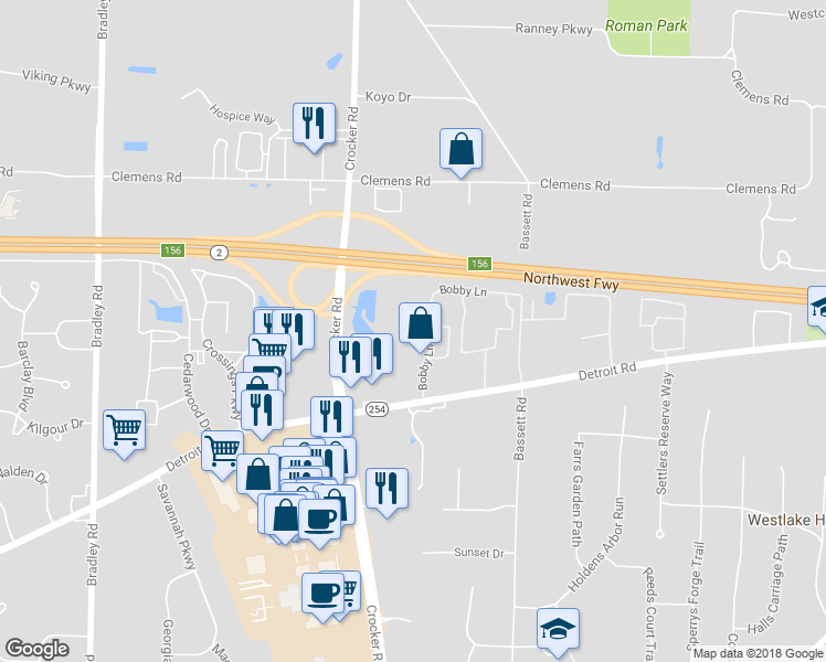 map of restaurants, bars, coffee shops, grocery stores, and more near 1352 Bobby Lane in Westlake