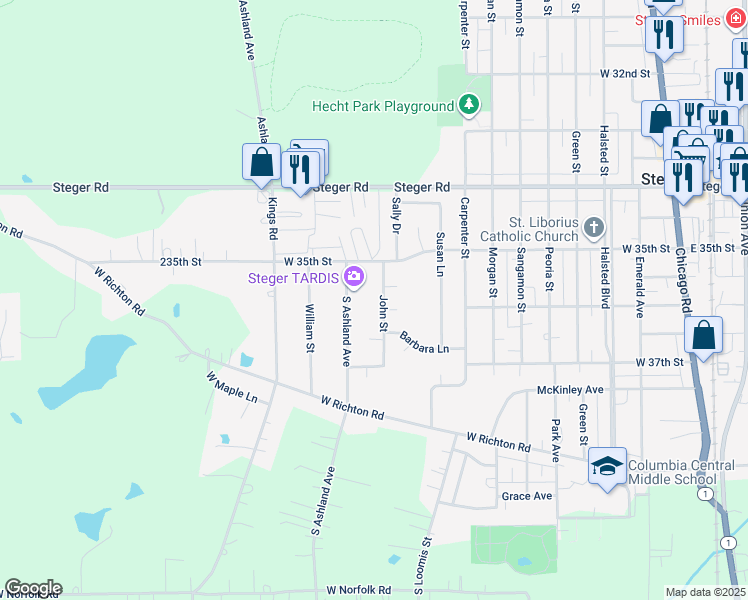map of restaurants, bars, coffee shops, grocery stores, and more near 3513 South Ashland Avenue in Steger