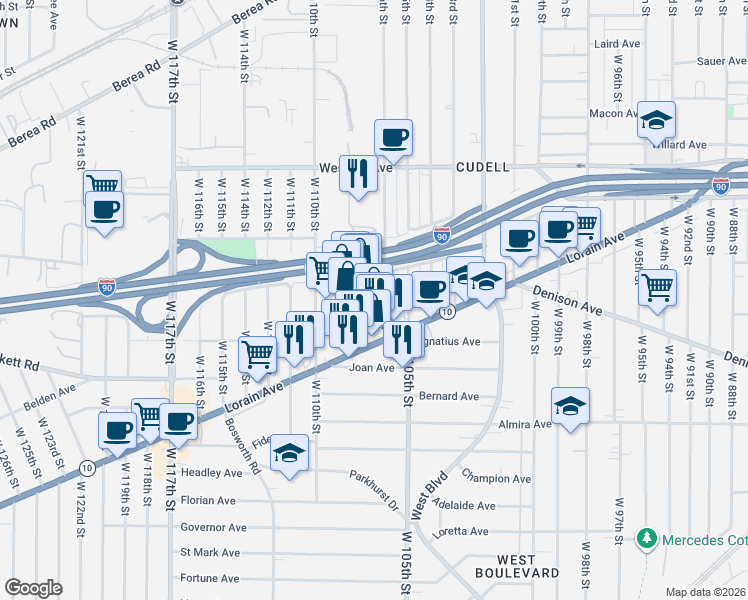 map of restaurants, bars, coffee shops, grocery stores, and more near 3278 West 106th Street in Cleveland