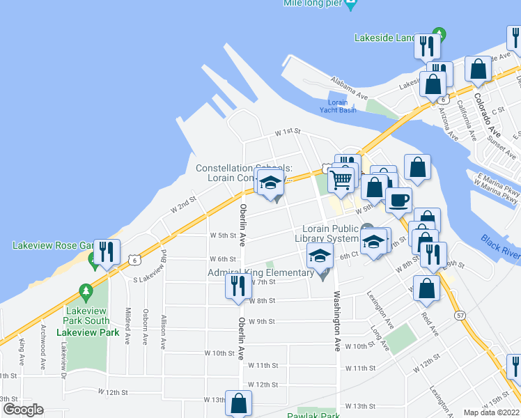 map of restaurants, bars, coffee shops, grocery stores, and more near 105 West Fourth Street in Lorain