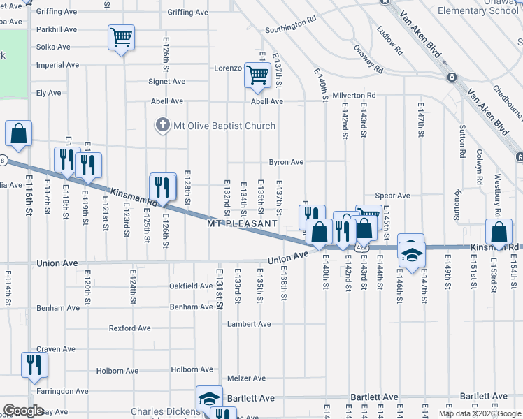 map of restaurants, bars, coffee shops, grocery stores, and more near 3411 East 135th Street in Cleveland