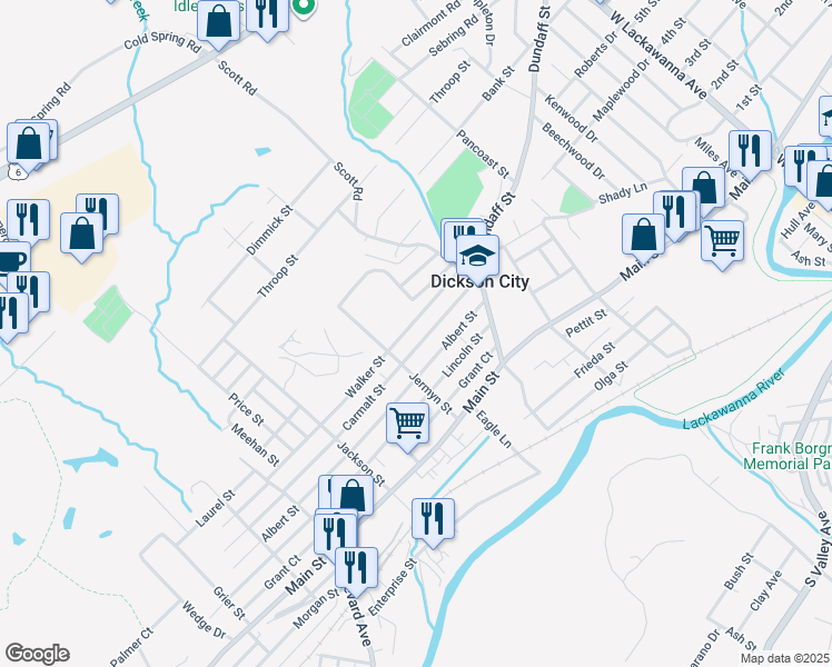 map of restaurants, bars, coffee shops, grocery stores, and more near 1029 Carmalt Street in Dickson City