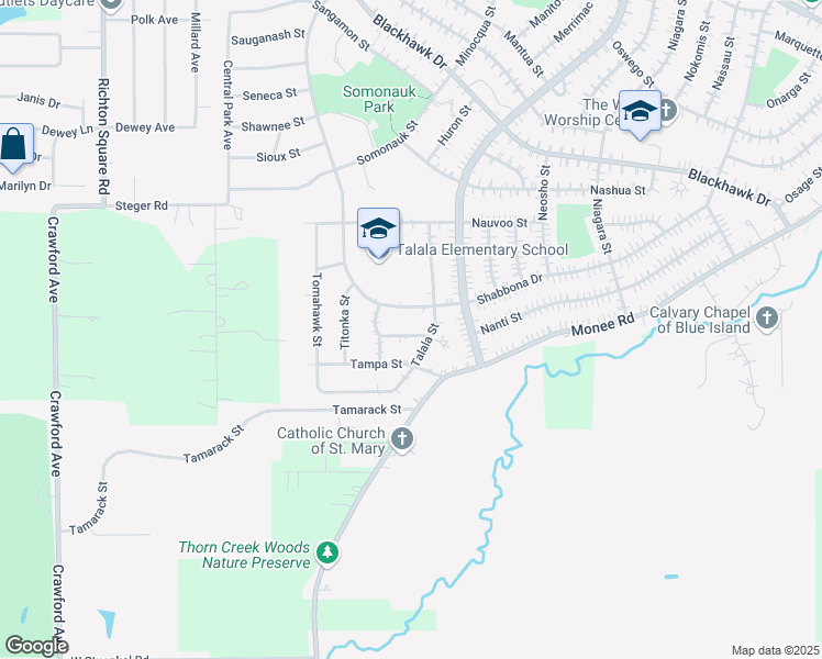 map of restaurants, bars, coffee shops, grocery stores, and more near 214 Towanda Street in Park Forest