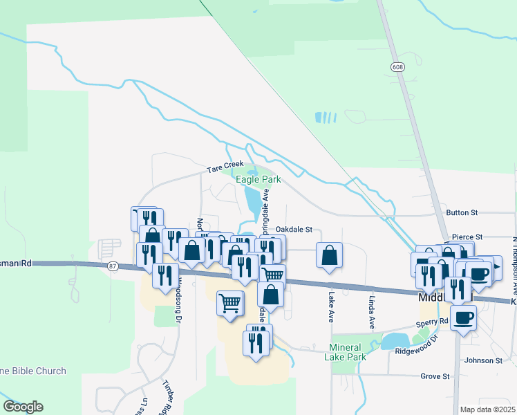map of restaurants, bars, coffee shops, grocery stores, and more near 14770 Springdale Avenue in Middlefield