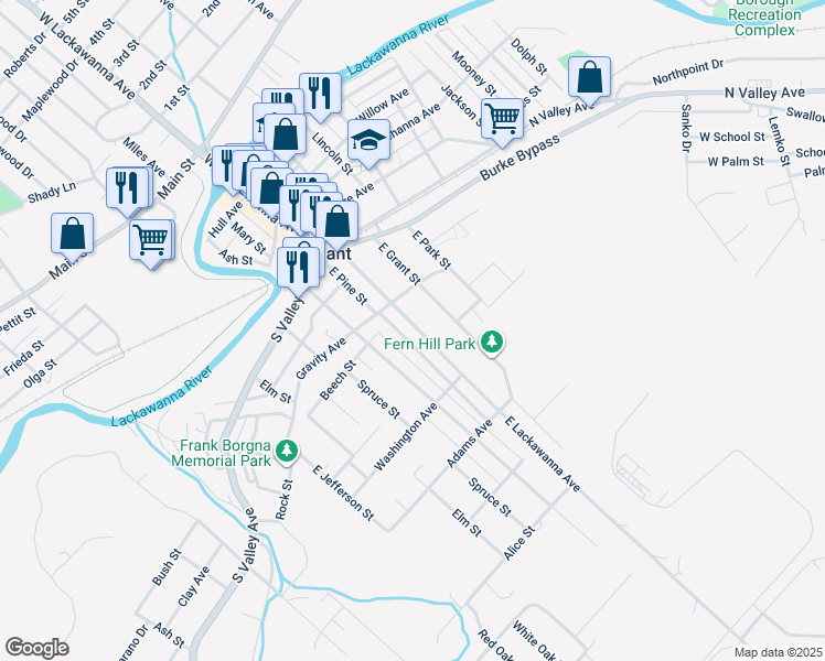 map of restaurants, bars, coffee shops, grocery stores, and more near 621 East Lackawanna Avenue in Olyphant