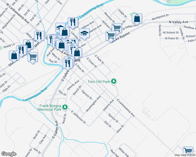 map of restaurants, bars, coffee shops, grocery stores, and more near 636 East Lackawanna Avenue in Olyphant