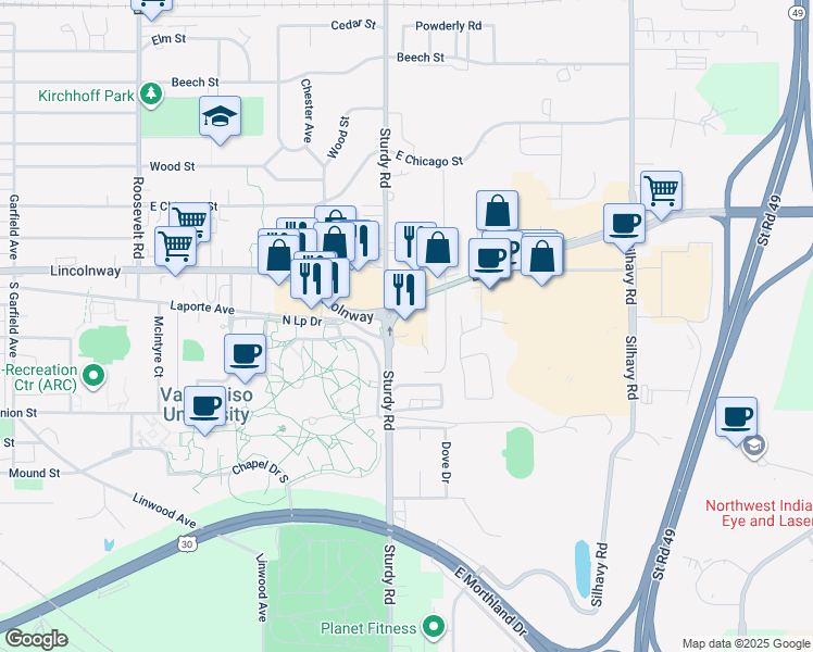 map of restaurants, bars, coffee shops, grocery stores, and more near 2002 Laporte Avenue in Valparaiso
