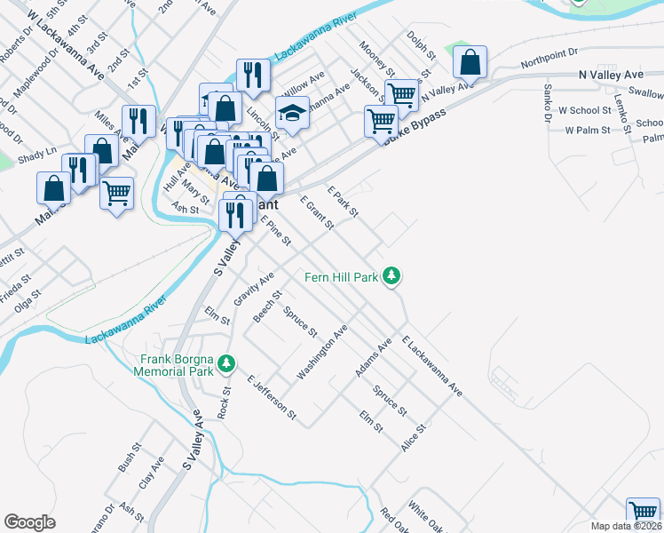 map of restaurants, bars, coffee shops, grocery stores, and more near 636 East Lackawanna Avenue in Olyphant
