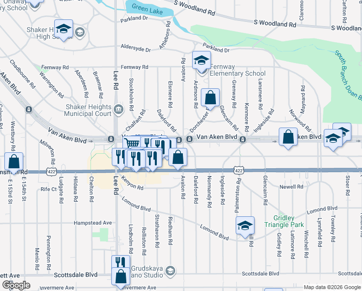 map of restaurants, bars, coffee shops, grocery stores, and more near 3440 Avalon Road in Shaker Heights