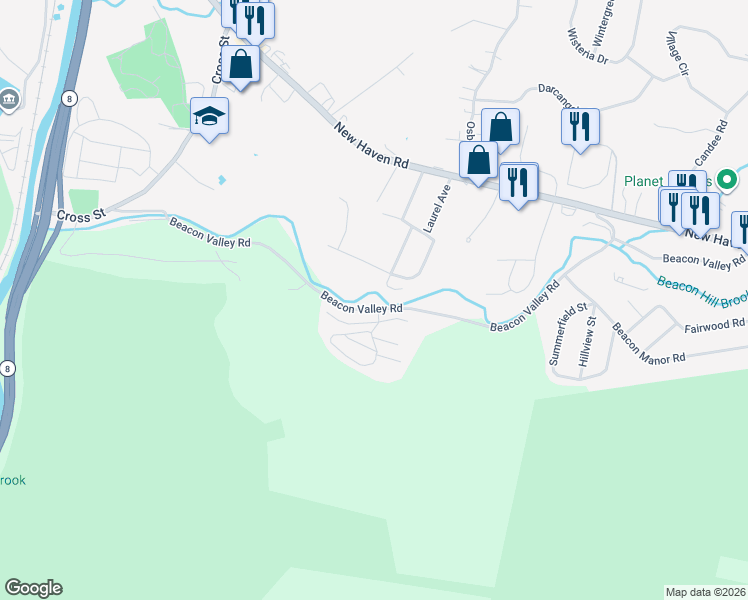 map of restaurants, bars, coffee shops, grocery stores, and more near 123 Beacon Valley Road in Beacon Falls