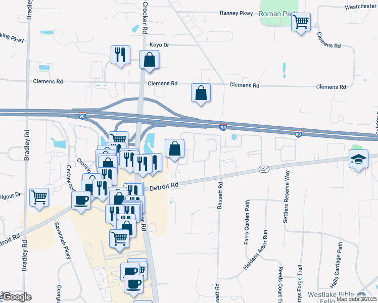 map of restaurants, bars, coffee shops, grocery stores, and more near 1347 Patti Park in Westlake