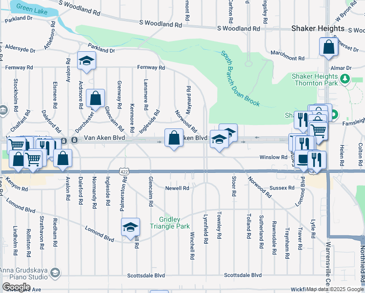 map of restaurants, bars, coffee shops, grocery stores, and more near 18520 Van Aken Boulevard in Shaker Heights