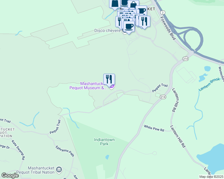 map of restaurants, bars, coffee shops, grocery stores, and more near 110 Pequot Trail in MASHANTUCKET