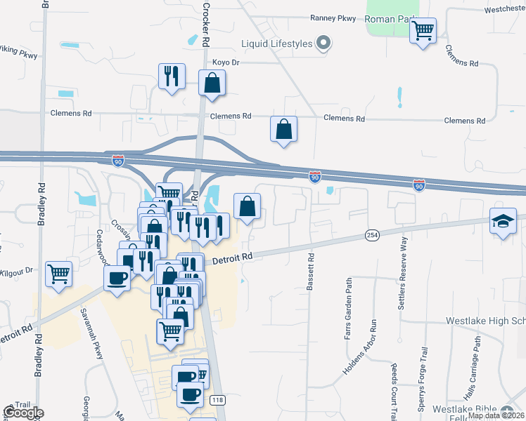 map of restaurants, bars, coffee shops, grocery stores, and more near 1347 Patti Park in Westlake