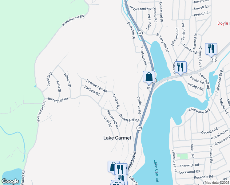 map of restaurants, bars, coffee shops, grocery stores, and more near 28 Quaker Road in Carmel Hamlet