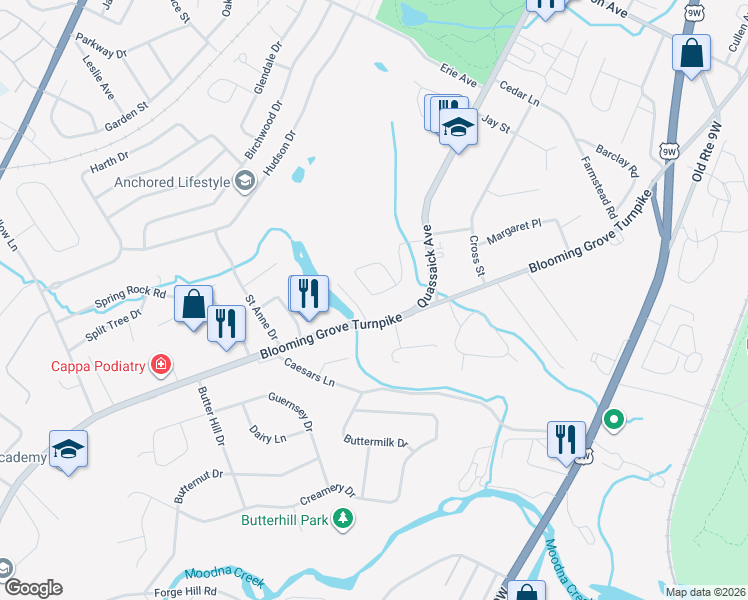 map of restaurants, bars, coffee shops, grocery stores, and more near 47 Forest Hill Road in New Windsor
