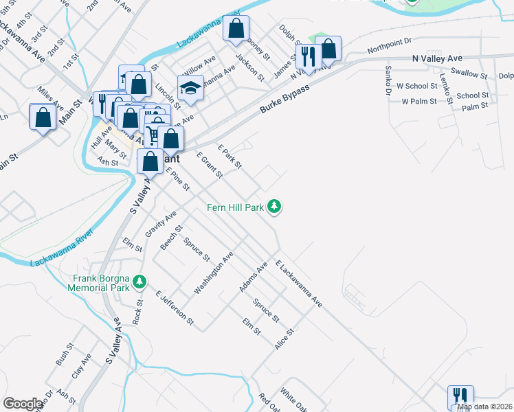 map of restaurants, bars, coffee shops, grocery stores, and more near 667-699 East Grant Street in Olyphant