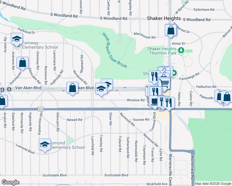 map of restaurants, bars, coffee shops, grocery stores, and more near 19250 Van Aken Boulevard in Shaker Heights
