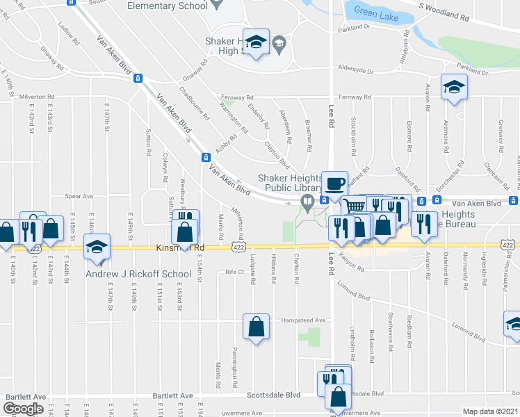 map of restaurants, bars, coffee shops, grocery stores, and more near 15830 Van Aken Boulevard in Shaker Heights