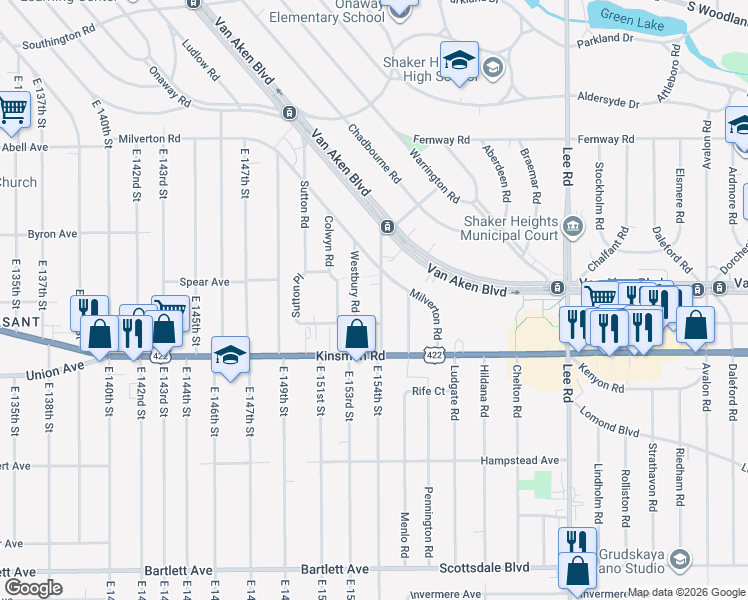 map of restaurants, bars, coffee shops, grocery stores, and more near 3435 Ashby Road in Shaker Heights