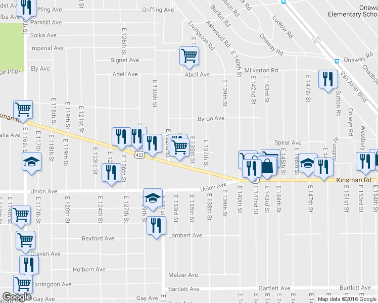 map of restaurants, bars, coffee shops, grocery stores, and more near 3419 East 134th Street in Cleveland