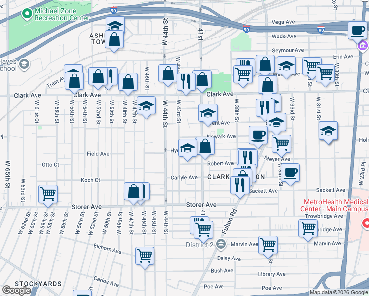 map of restaurants, bars, coffee shops, grocery stores, and more near 3234 West 43rd Street in Cleveland